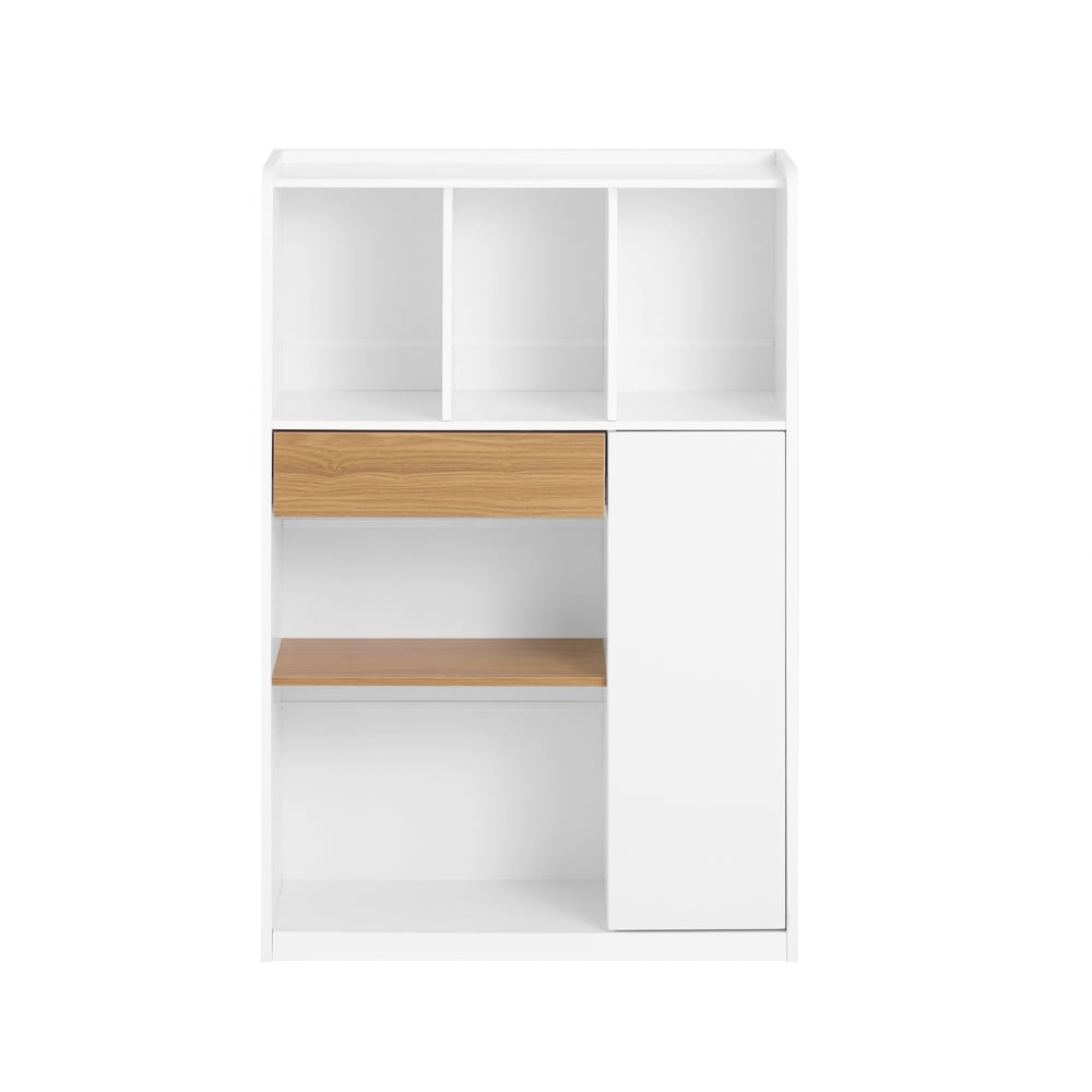Bibliothèque avec 5 compartiments, 1 tiroir 1 porte efffet bois blanc