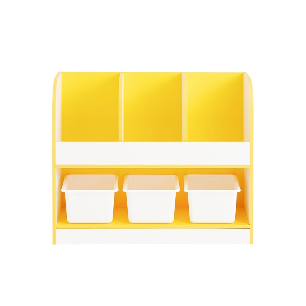 Bibliothèque enfant avec 3 compartiments et 3 boîtes effet bois