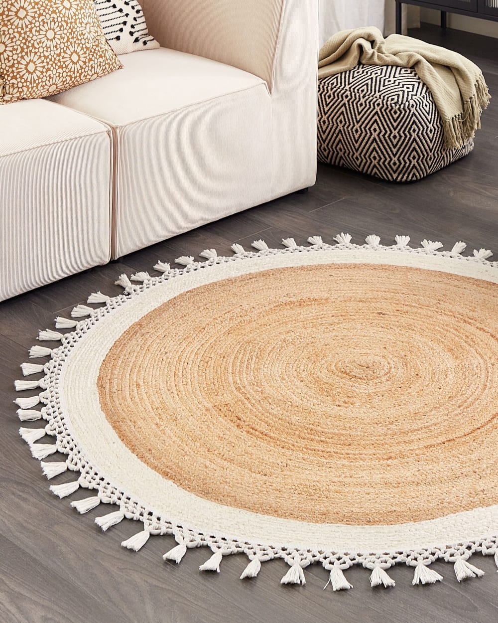 Geflochtener Teppich aus Stoff 140 x 140cm, beige - Maisons Du