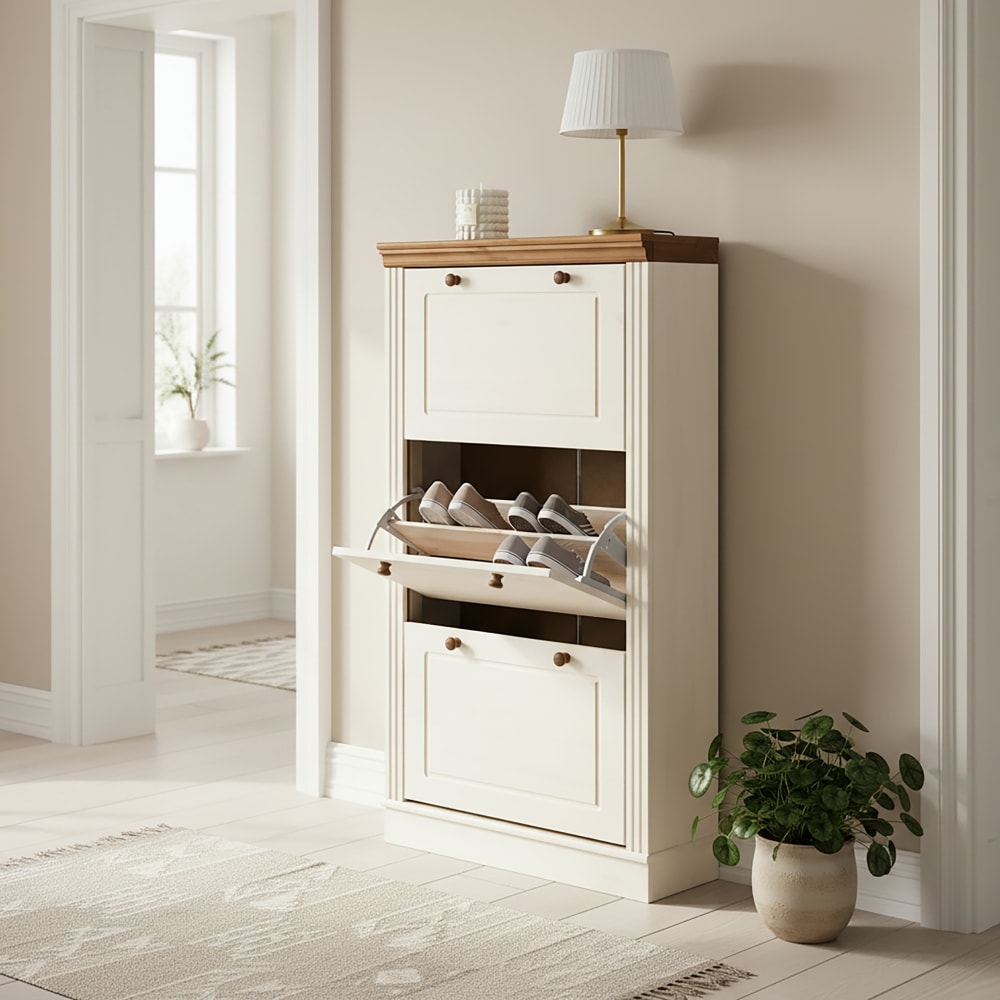 Loft24 Schuhschrank mit 3 Kipptüren aus Kiefer, weiß/honig - Holz