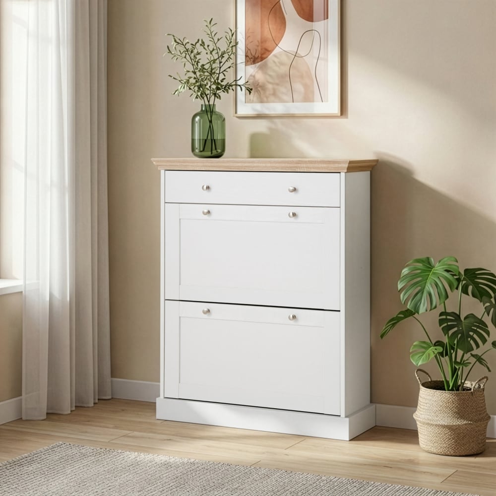 Loft24 Schuhschrank mit 2 Kipptüren und 1 Schublade in Eichenoptik, weiß - Spanplatte
