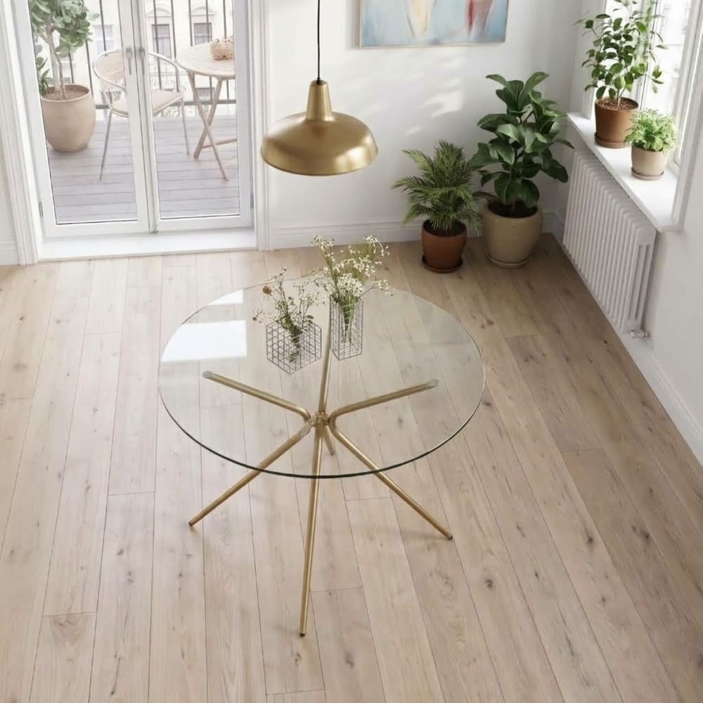 Loft24 Esstisch für 4 Personen aus Glas und Metallgestell D110 cm, messing Transparent Glas