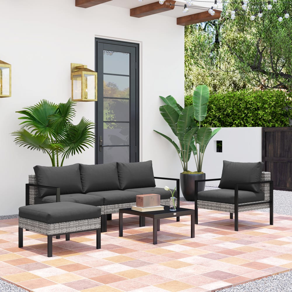 Salon de jardin extérieur 5 personnes résine tressée gris clair