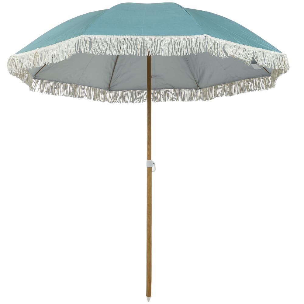 Parasol de plage mât effet bois polyester bleu clair