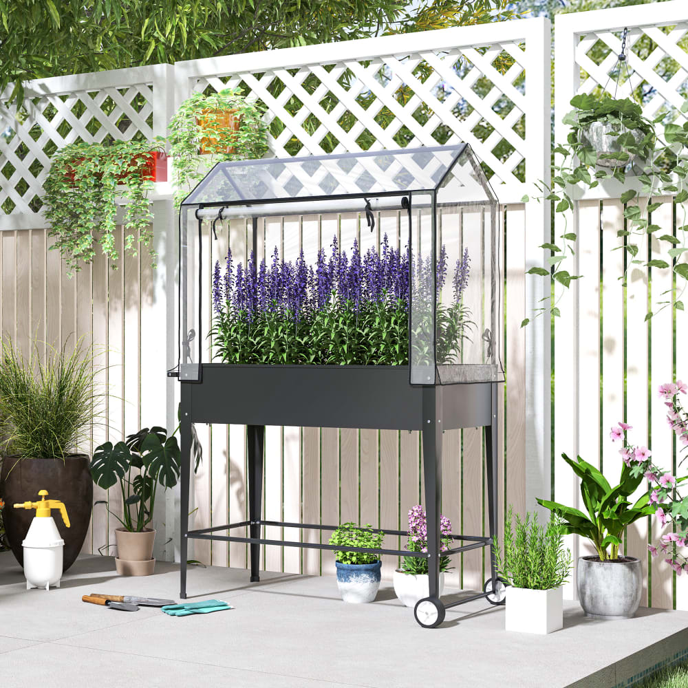 Carré potager sur pieds jardinière surélevée roues pvc noir