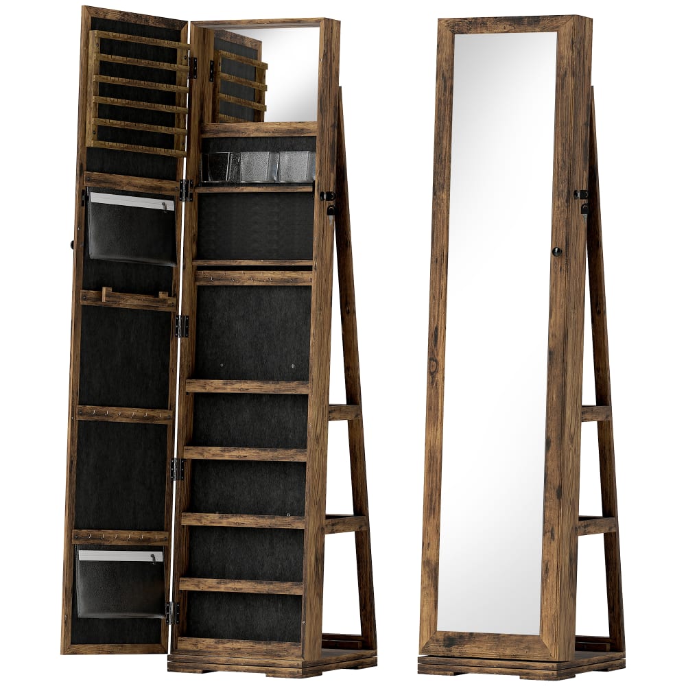 Armoire à bijoux pivotante verrouillable en bois brun rustique