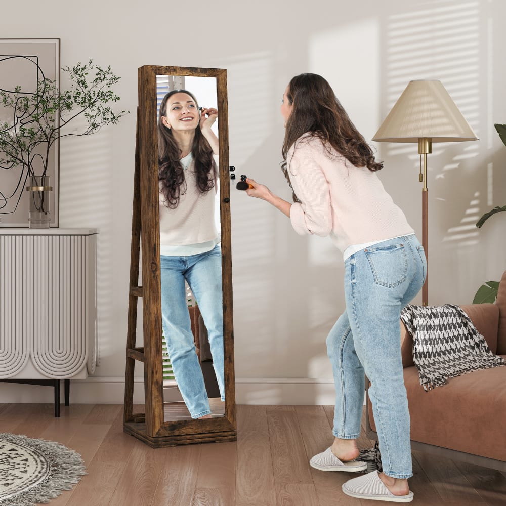 Armoire à bijoux pivotante verrouillable en bois brun rustique