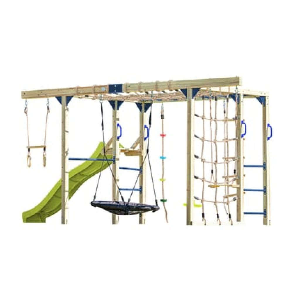 Aire de jeux en bois marron avec toboggan vert clair