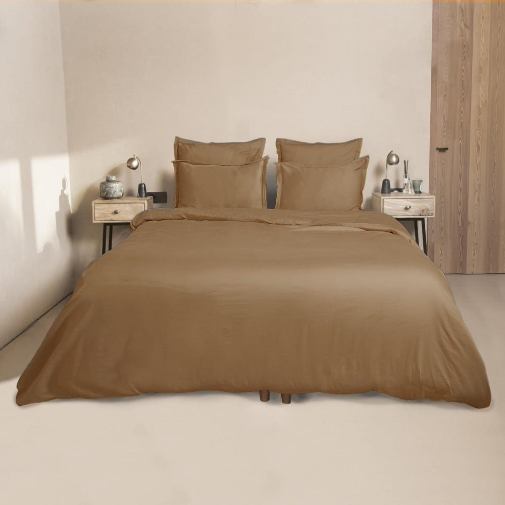 Parure + taies 50x70 satin de coton caramel 240x220