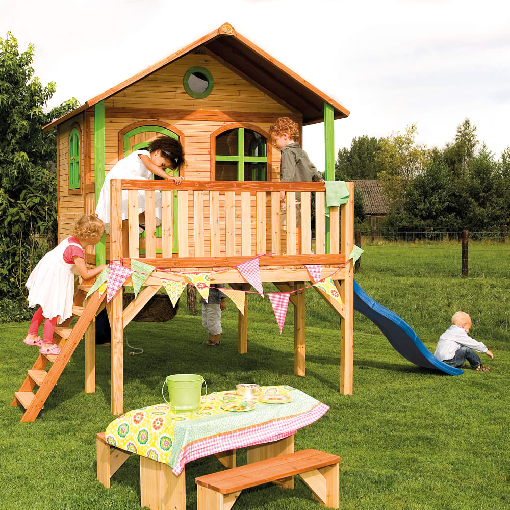 Maisonnette enfant avec toboggan bleu, Bois FSC, marron/vert