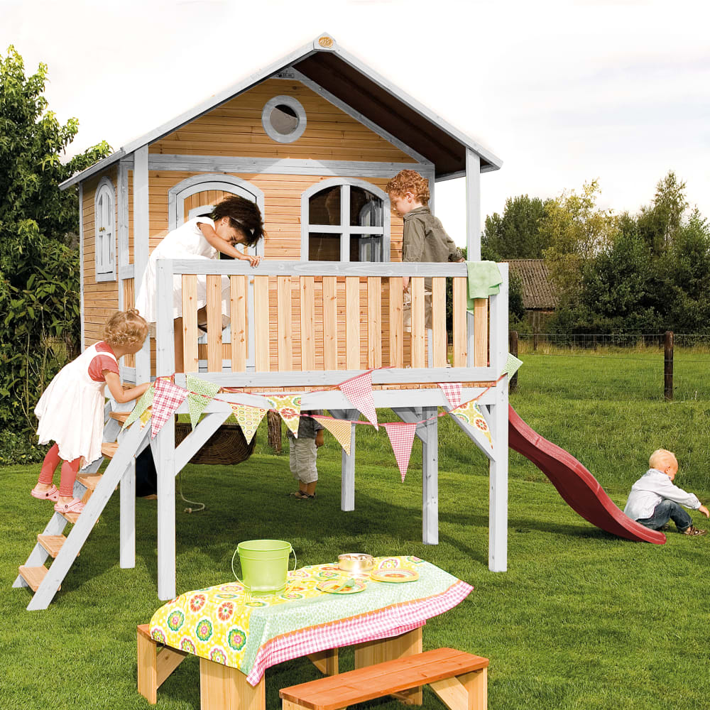 Maisonnette enfant avec toboggan rouge, bois FSC, marron/blanc