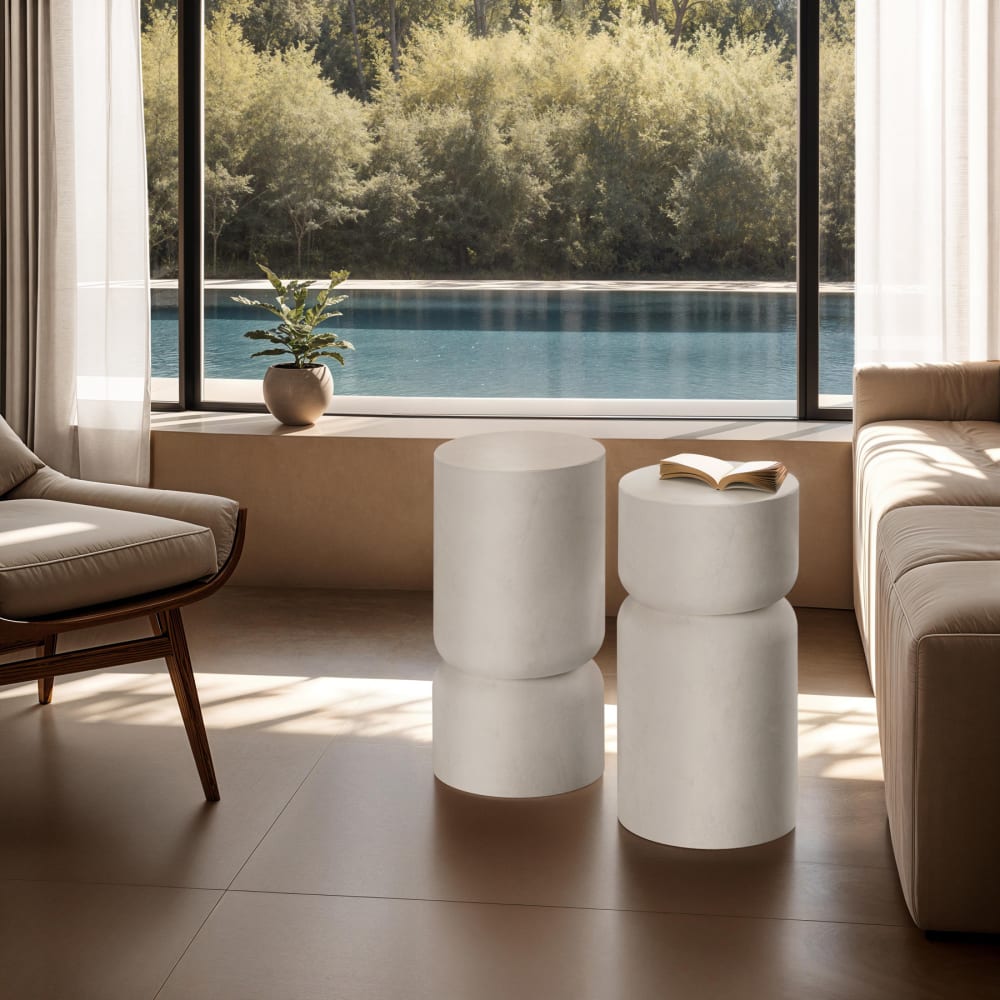 Lot de 2 tables d'appoint robuste design arrondi aspect pierre blanc