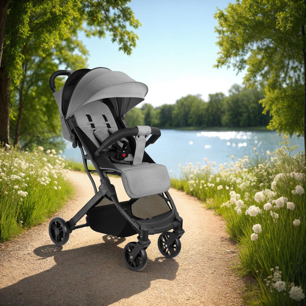 Poussette buggy pliable avec harnais à 5 points et frein gris