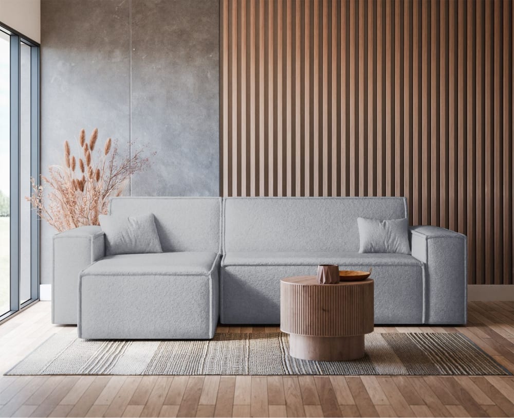 Canapé d'angle convertible en bouclette gris clair