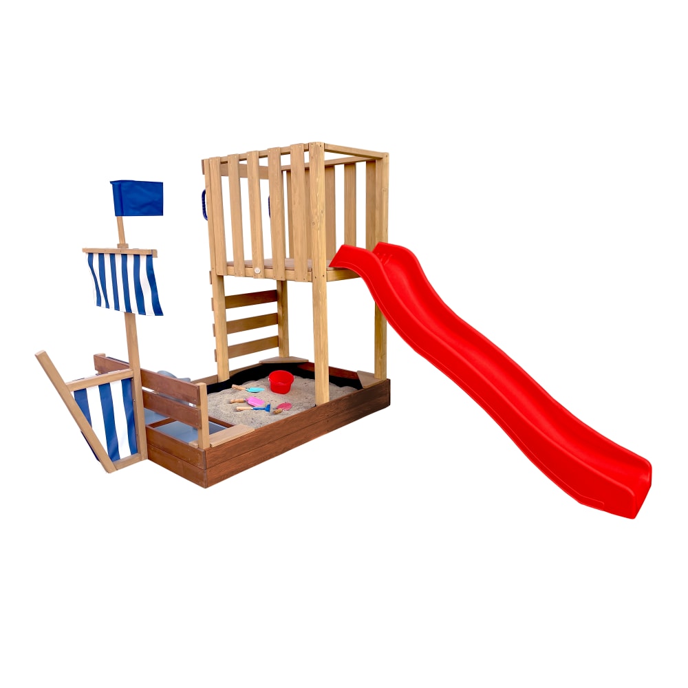 Aire+de+jeux+en+bois+marron+avec+toboggan+rouge