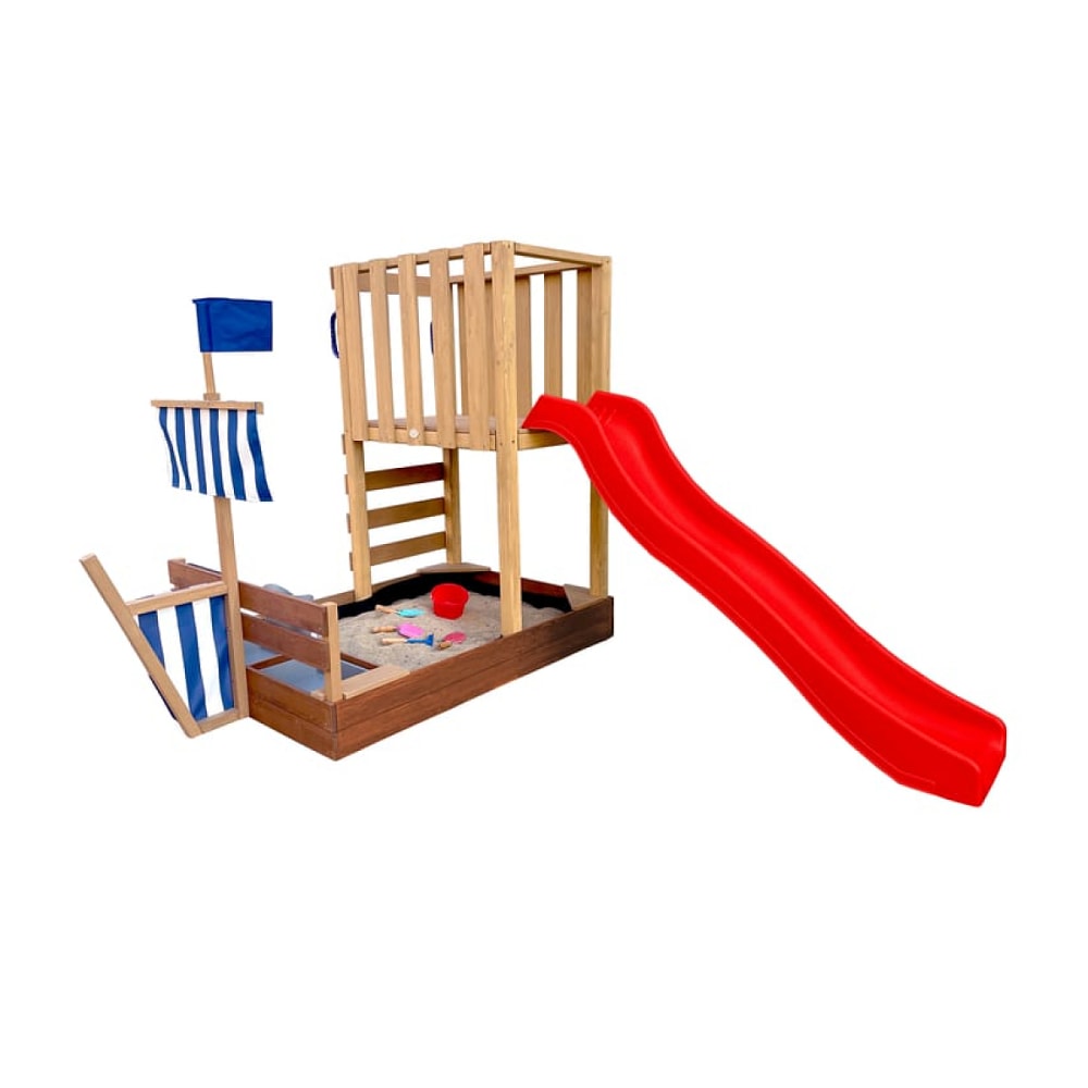 Aire de jeux en bois marron avec toboggan rouge
