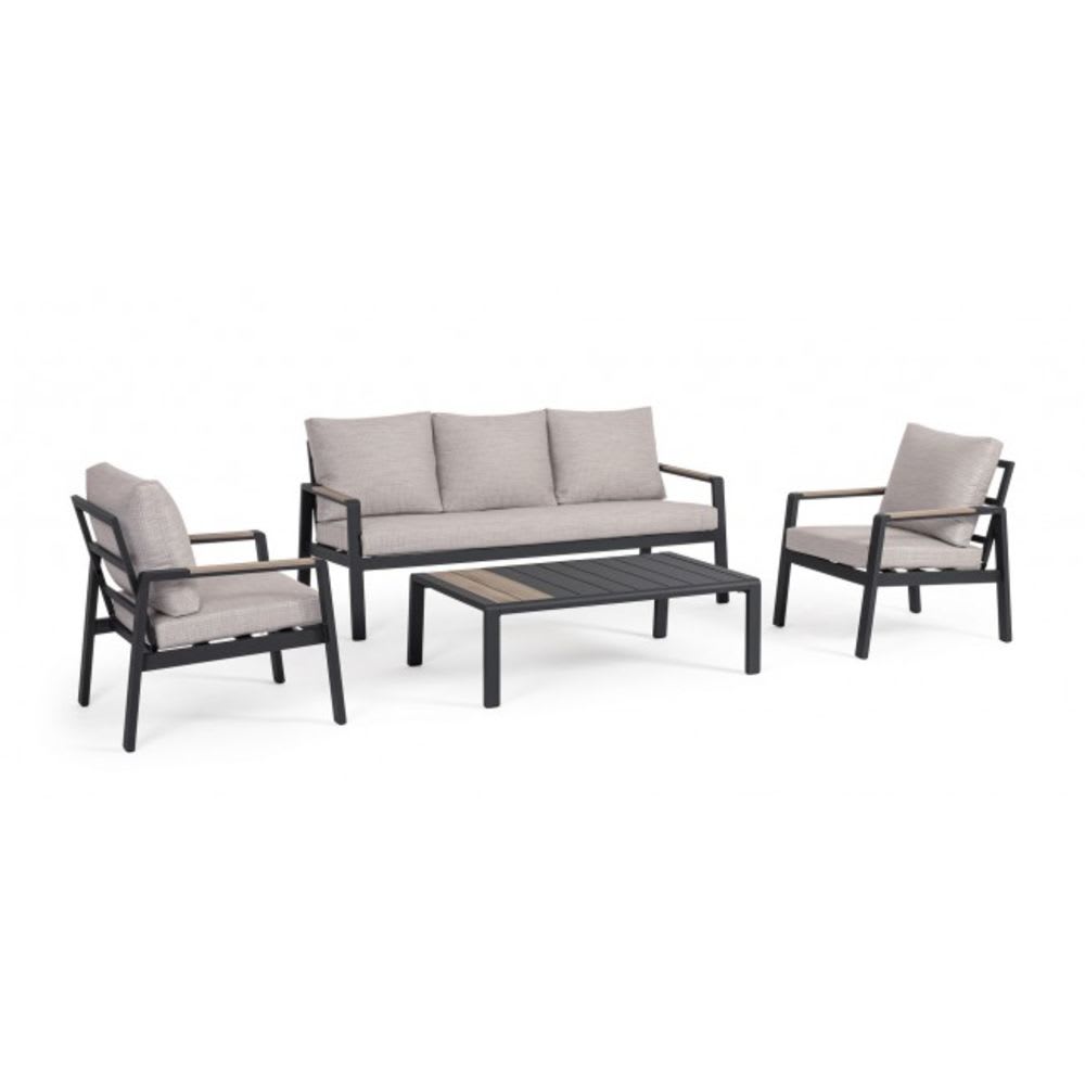 Salon avec 1 canapé, 2 fauteuils, 1 table basse aluminium anthracite