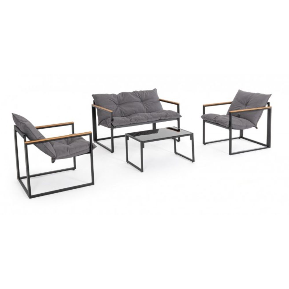 Salon avec 1 canapé, 2 fauteuils, 1 table basse en acier anthracite