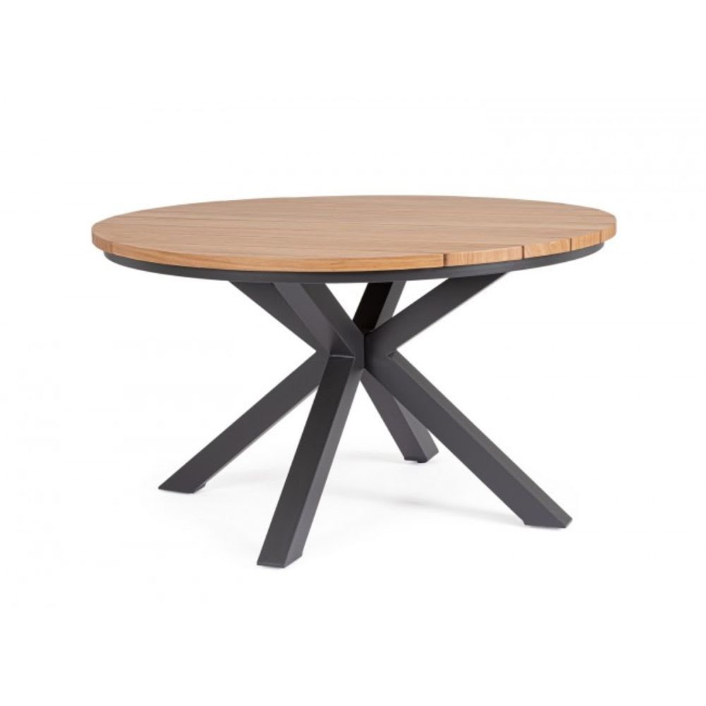 Table ronde effet bois et structure aluminium anthracite Ø130cm