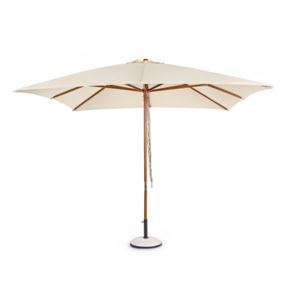 Grand parasol de jardin en bois et acier, toile beige 3x3
