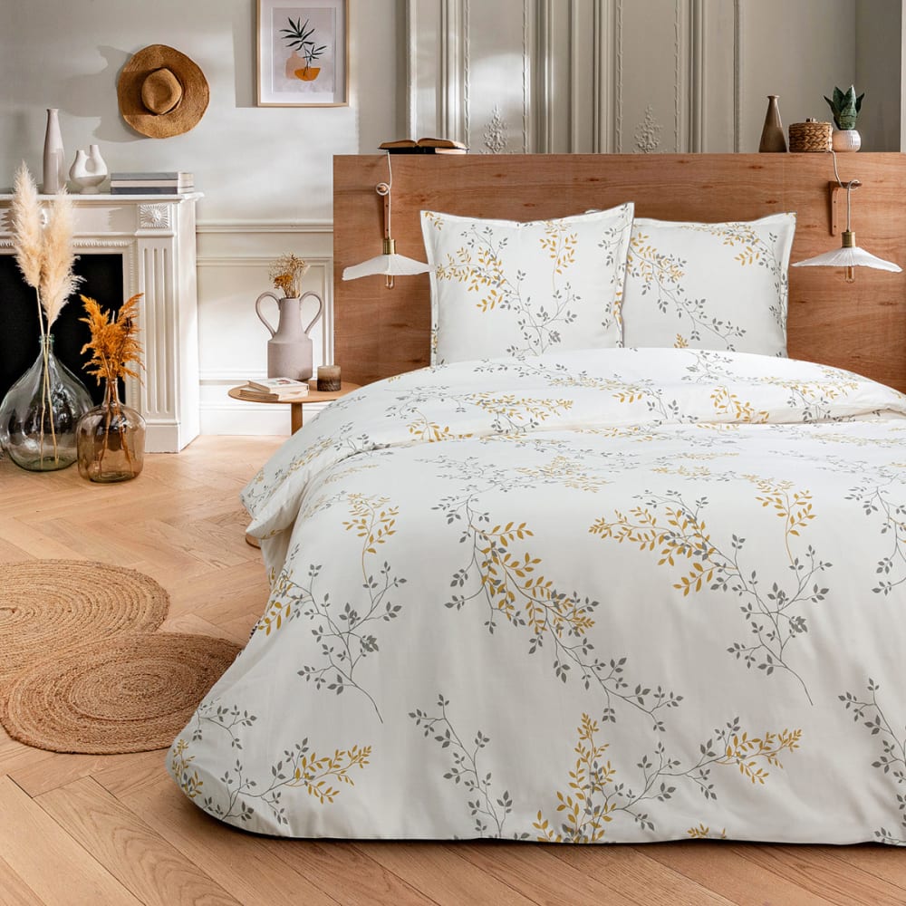Parure de lit 2 personnes satin de coton motif feuillage 260x240cm