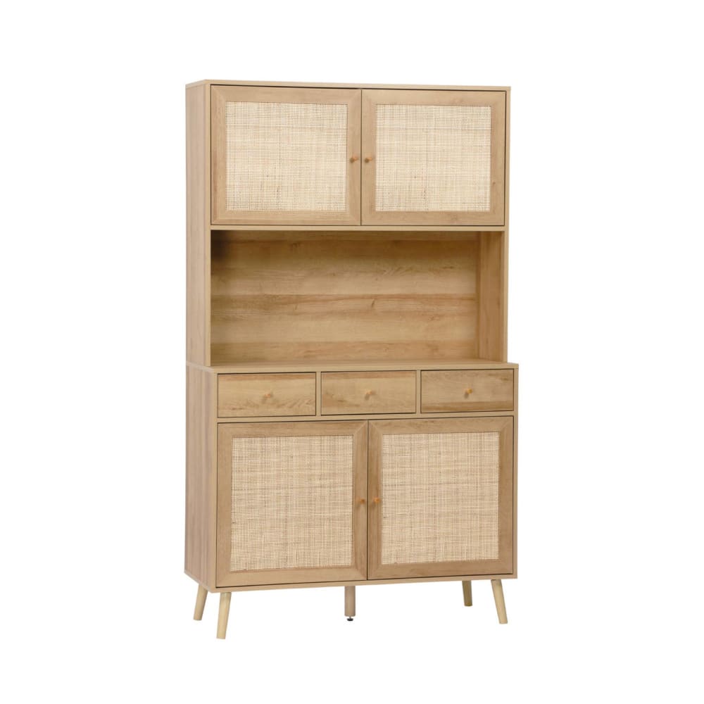 Buffet décor bois et cannage 4 portes 3 tiroirs 110 cm, naturel