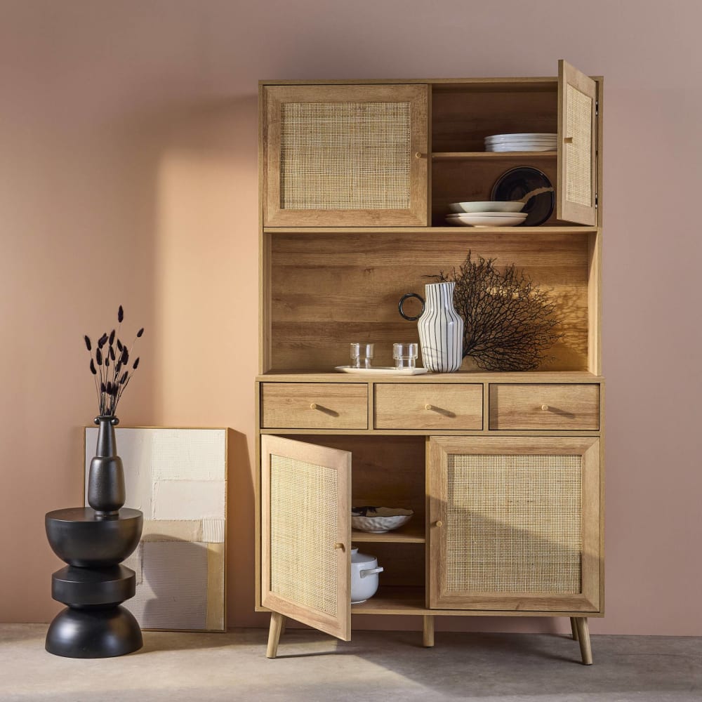 Küchenschrank Holz-Optik und Rattan-Geflecht, naturfarben B 110