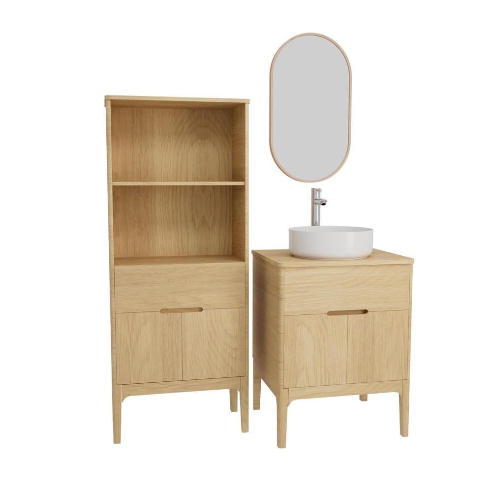 Meuble simple vasque 60cm + vasque + robinet + miroir + colonne