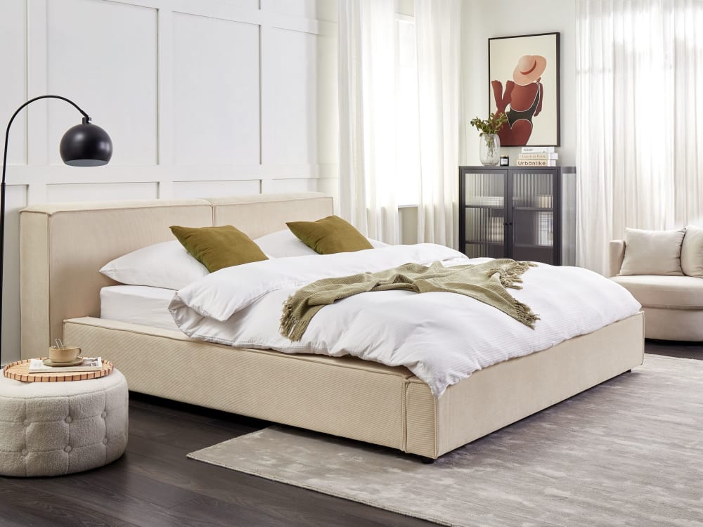 Lit double en tissu beige 180x200