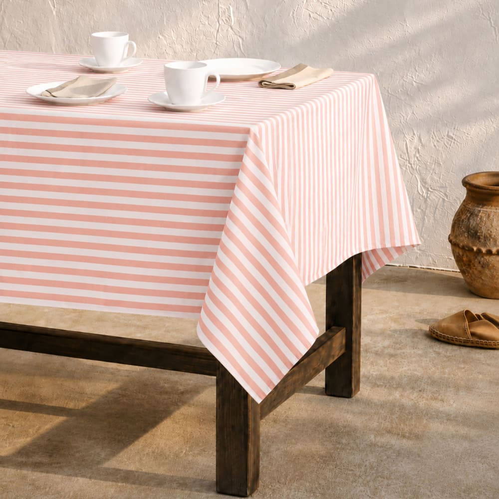 Nappe imperméable rayures toucher tissu saumon 140x140 cm