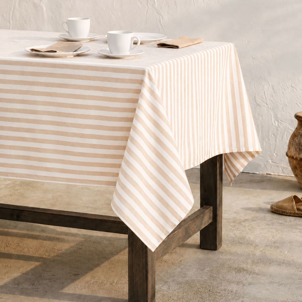 Nappe imperméable rayures toucher tissu beige 140x300 cm