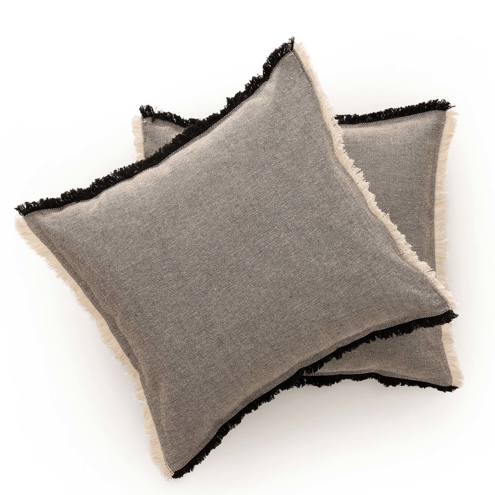 Lot de 2 housses de coussin avec franges noir 50x50 cm