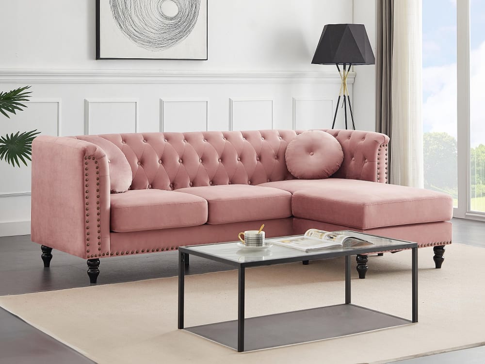 Canapé d'angle velours 4 places rose