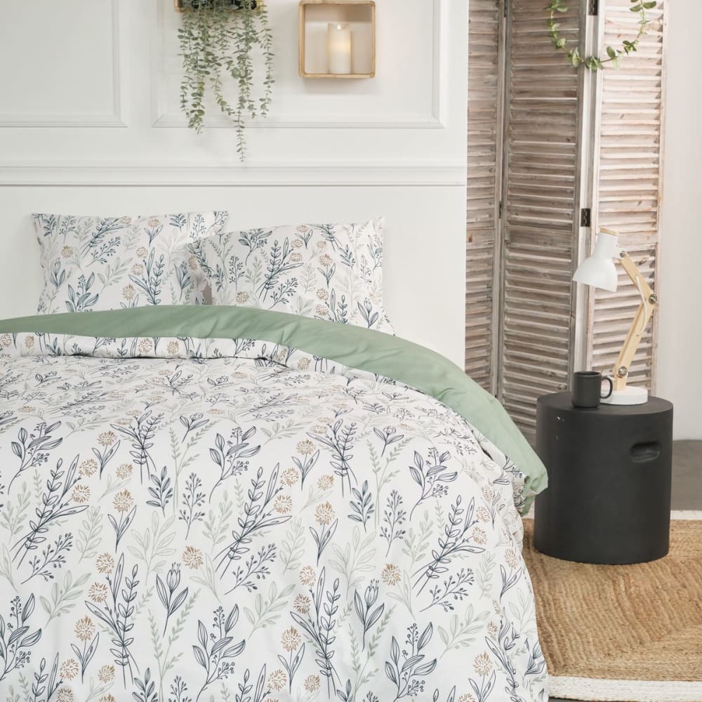 Parure de lit imprimé Floral coton  260x240cm Blanc