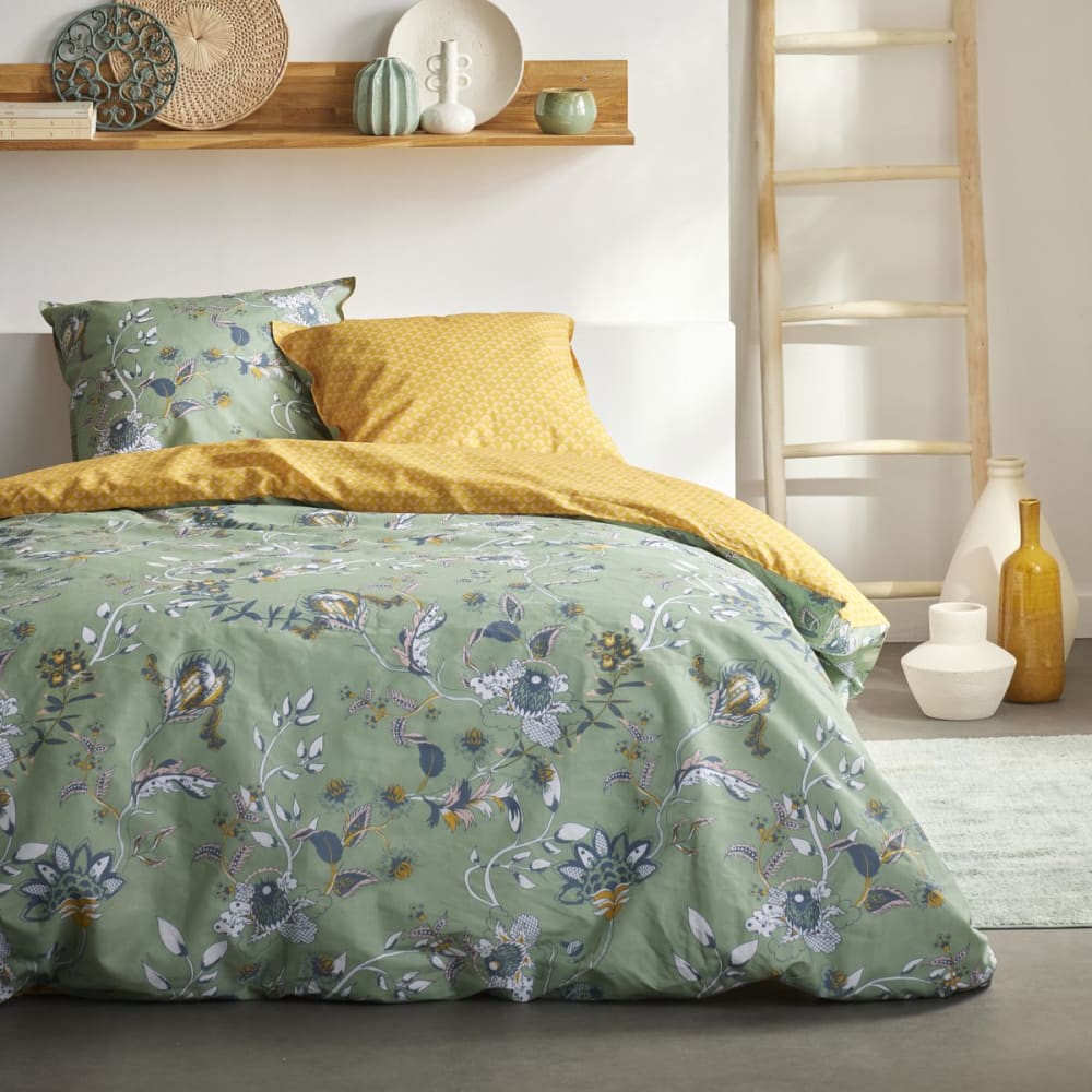 Parure de lit coton 2 personnes imprimé floral  200x200cm Bleu