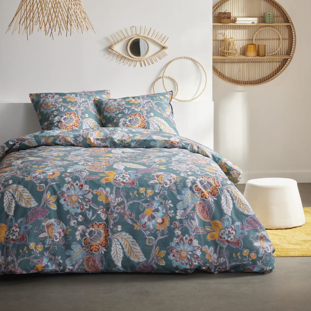 Parure de lit imprimé Floral coton  260x240cm Bleu