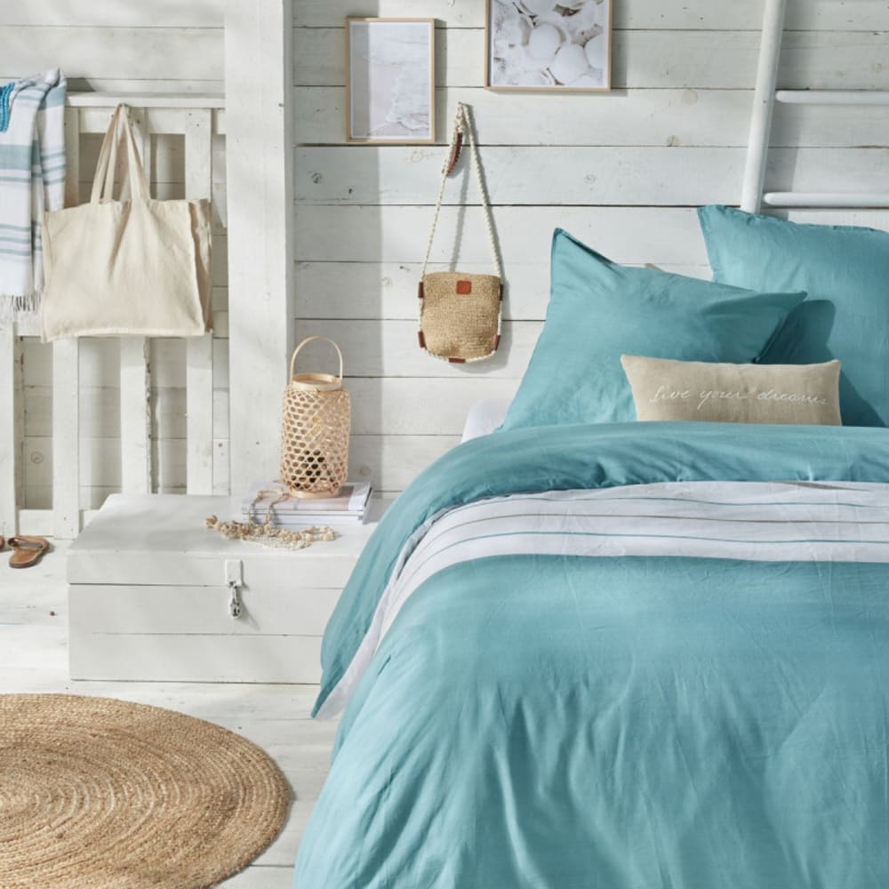 Parure de lit imprimé Rayures coton  240x220cm Bleu