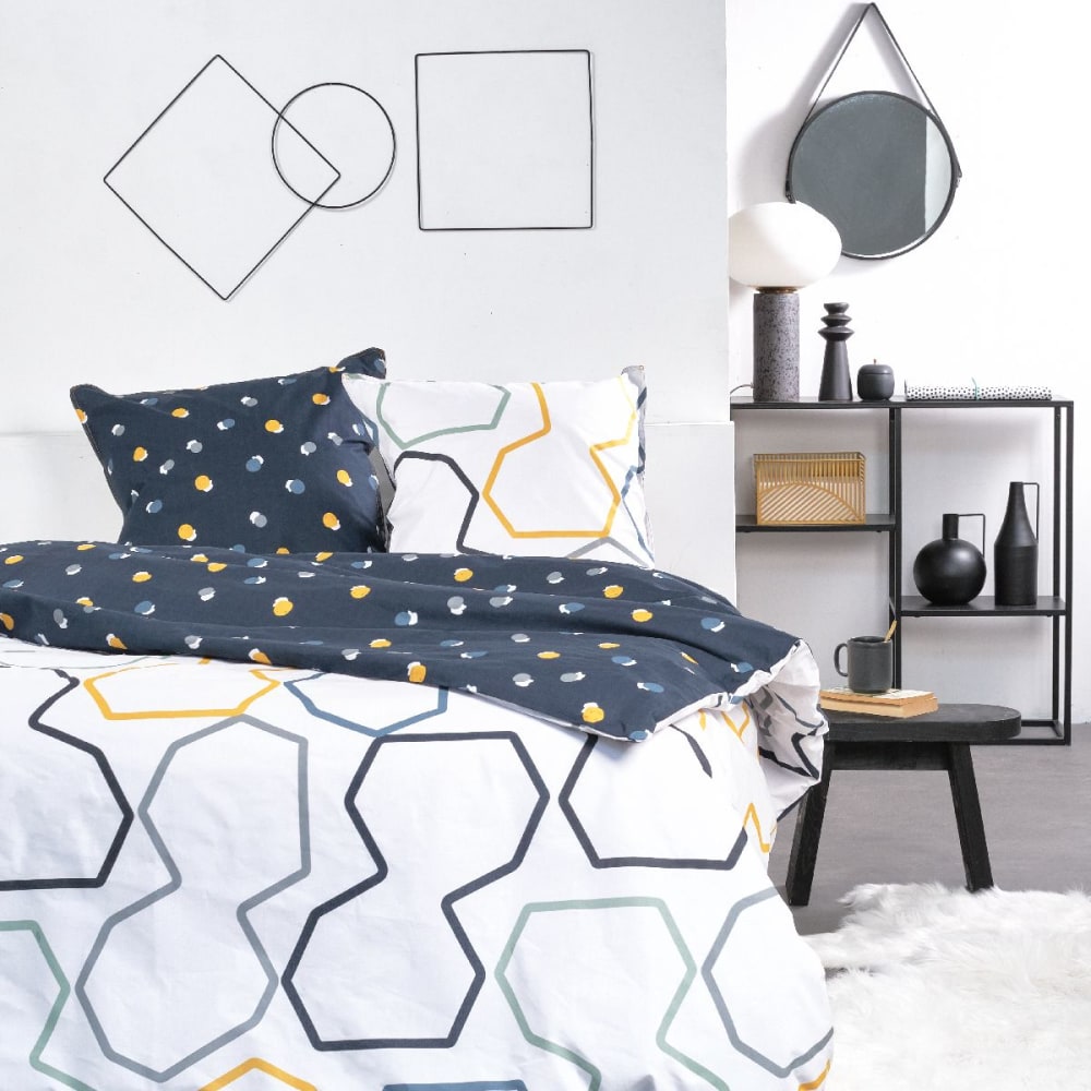 Parure de lit imprimé graphique coton 240x220cm blanc