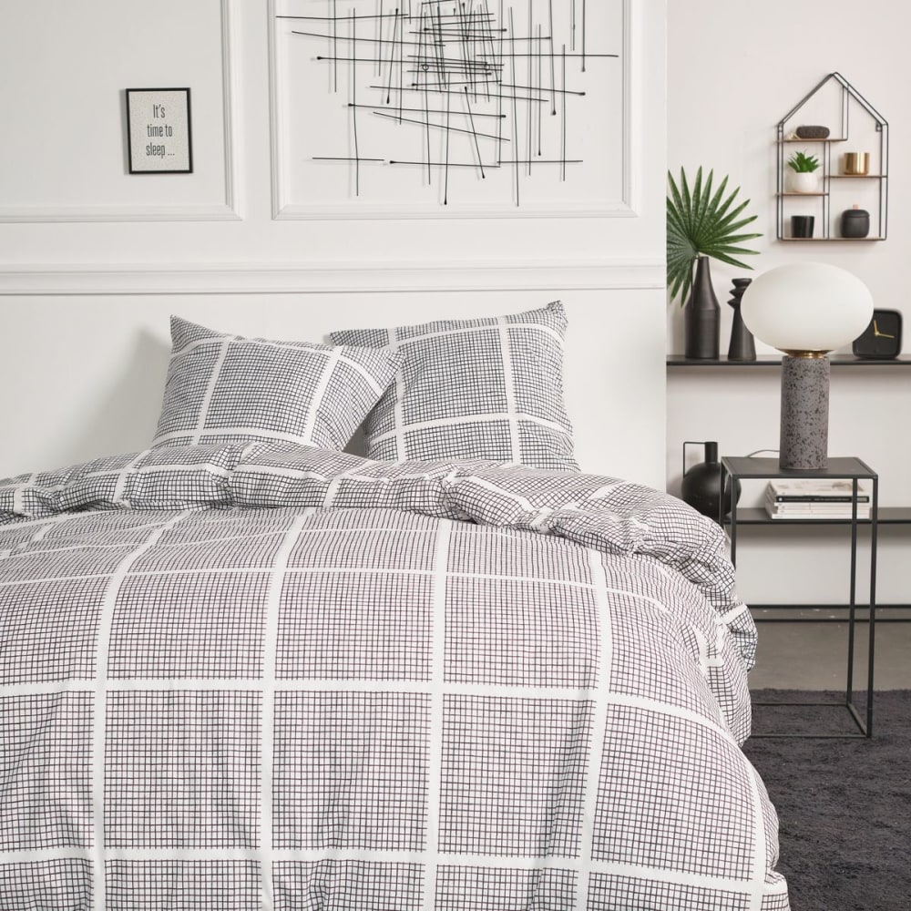 Parure de lit imprimé A carreaux coton  240x220cm Blanc