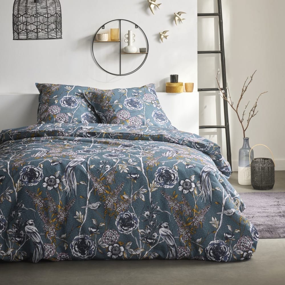 Parure de lit imprimé Floral coton  260x240cm Bleu