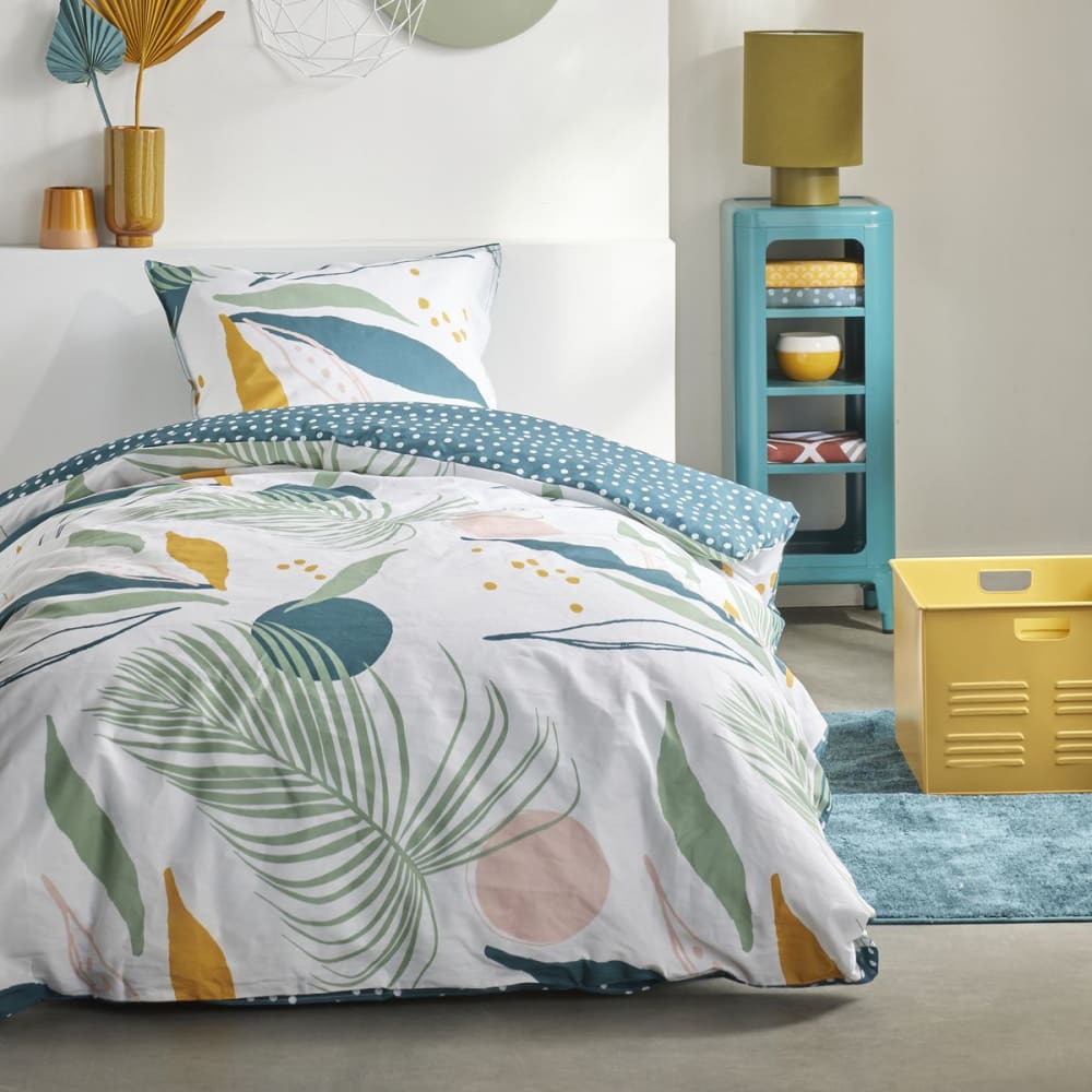 Parure de lit imprimé Floral coton  140x200cm Blanc