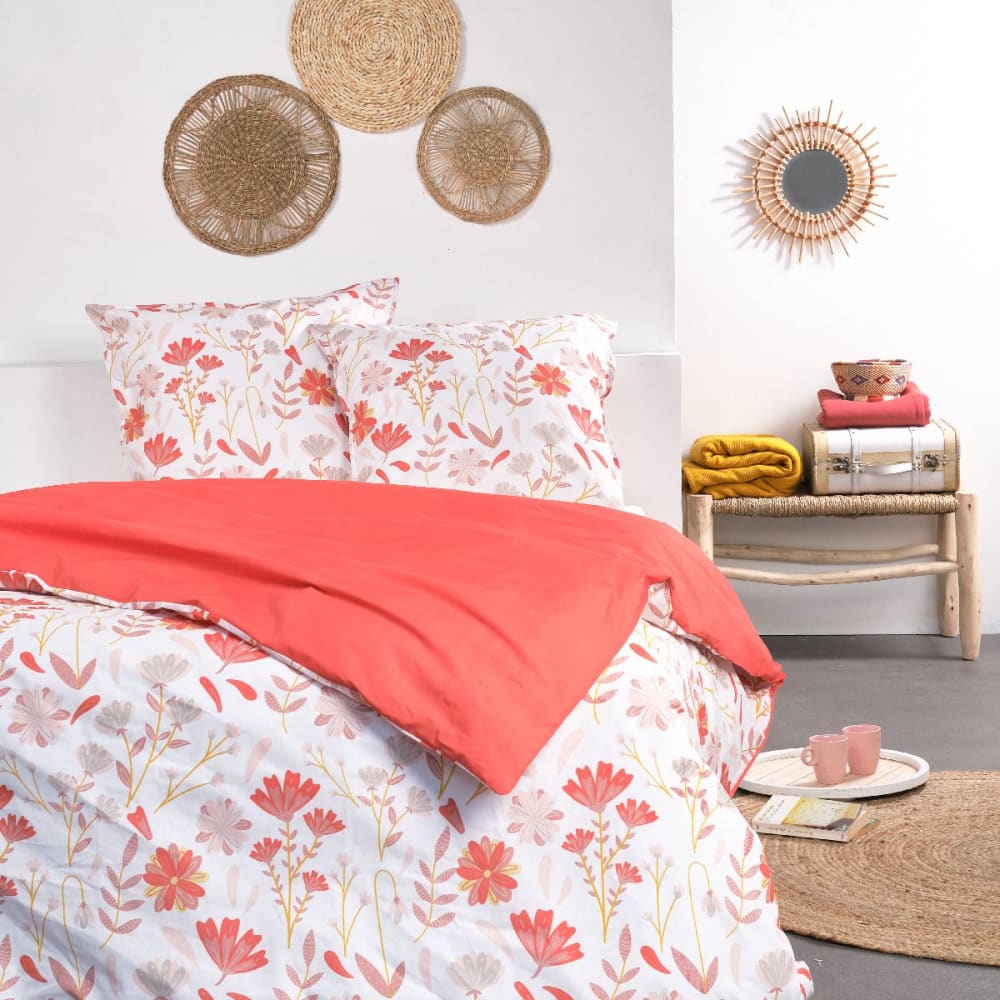 Parure de lit imprimé Floral coton 240x220cm Orange