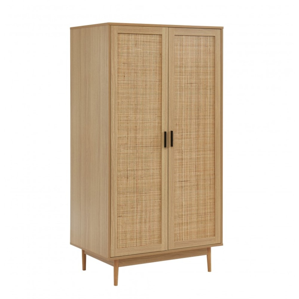 Armoire effet chêne et cannage rotin 2 portes 90 cm