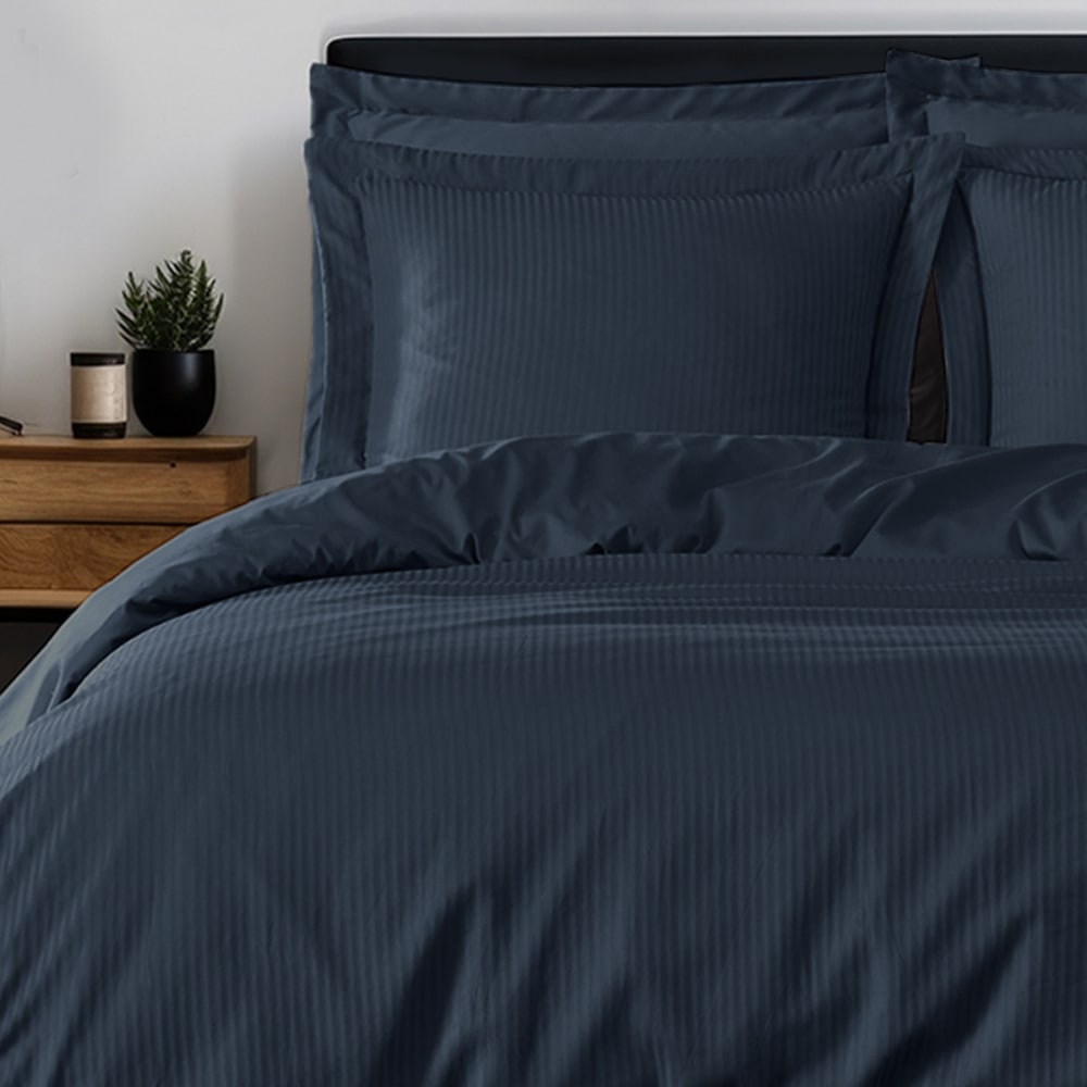 Parure de lit rayée 2 taies carrées satin coton Marine 240x220 cm