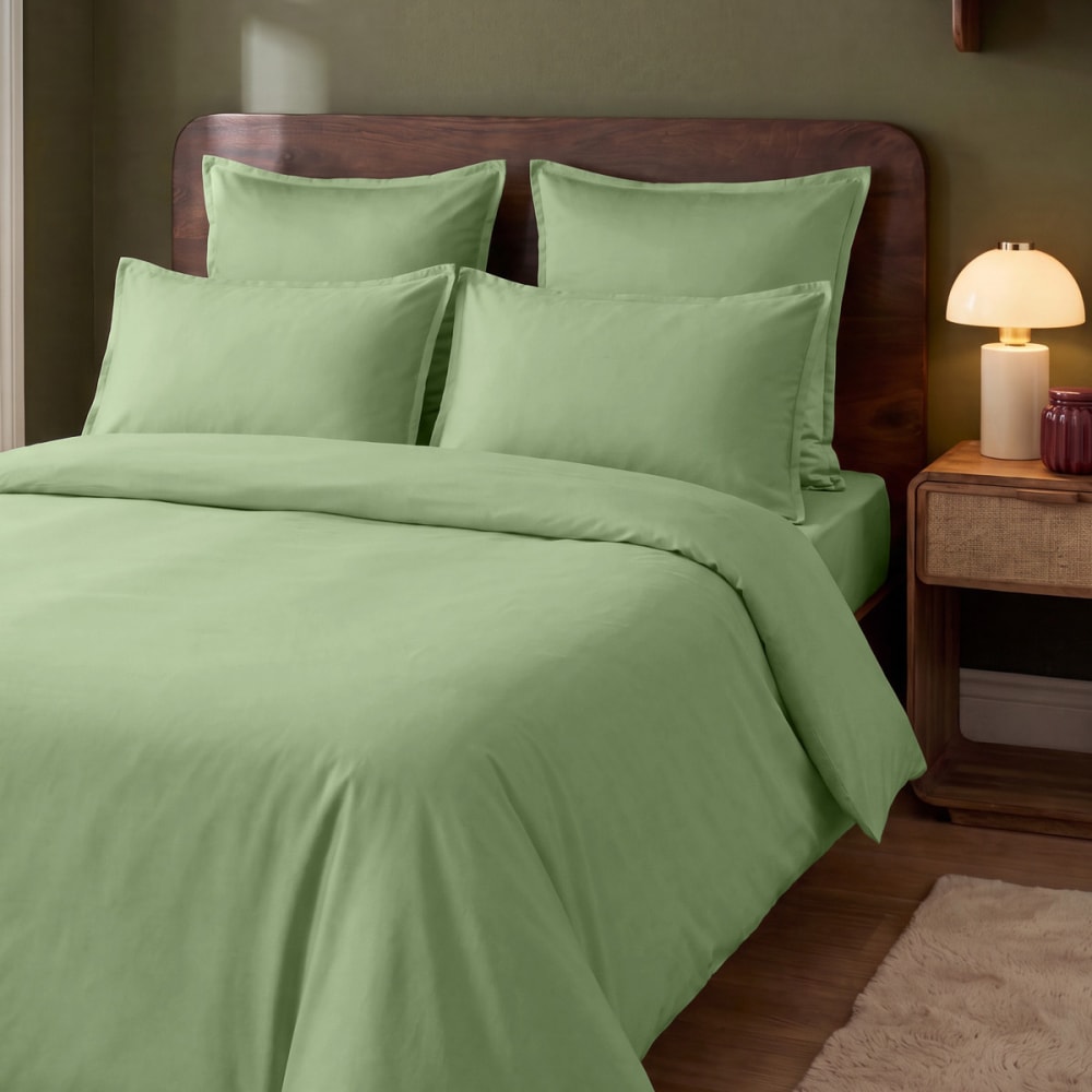 Parure de lit 2 taies rectangles coton tencel sauge 260x240 cm