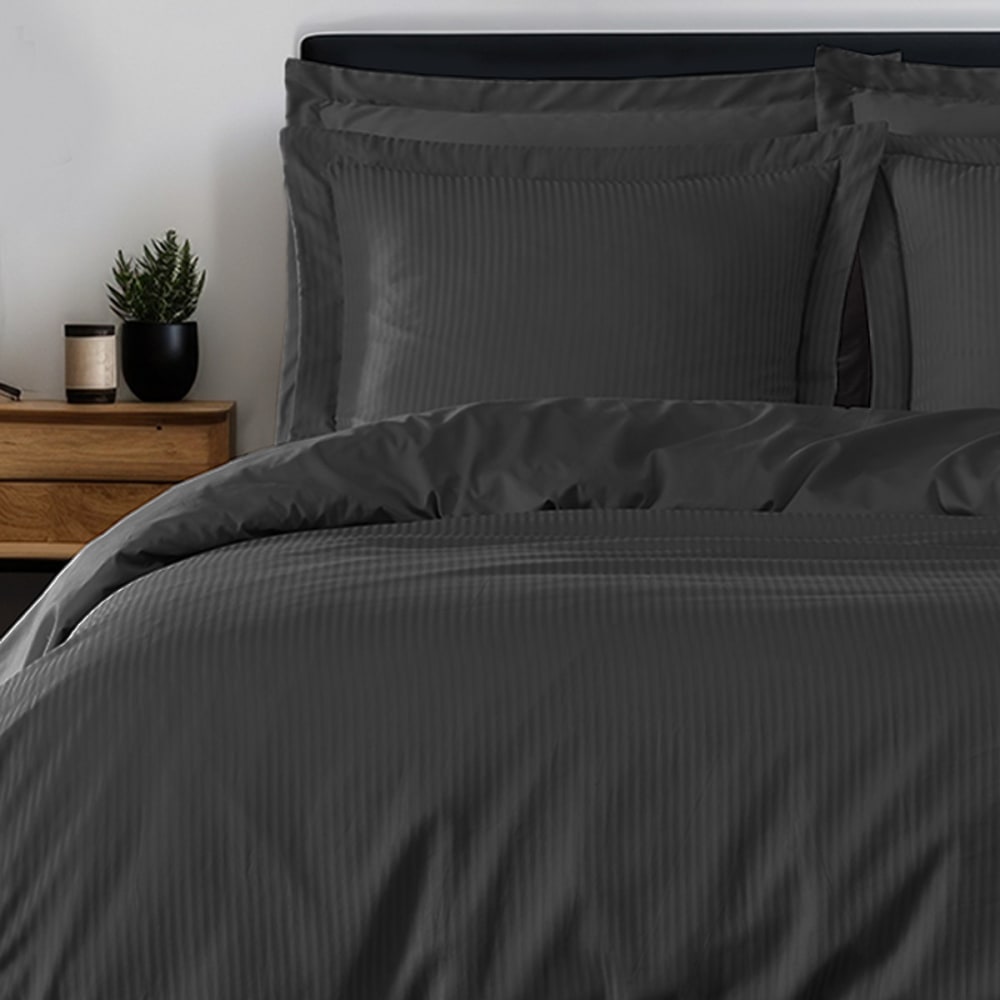 Parure de lit rayée 2 taies carrées satin coton Anthracite 240x220 cm