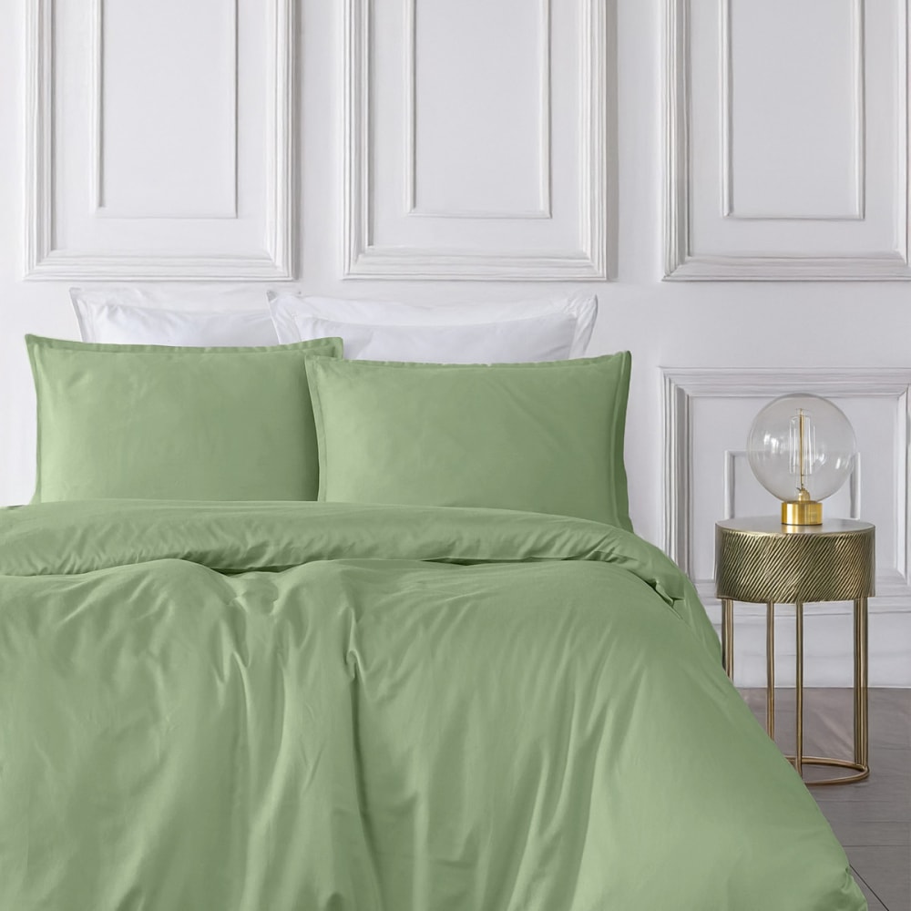 Parure de lit 2 taies rectangles coton tencel Sauge 240x220 cm