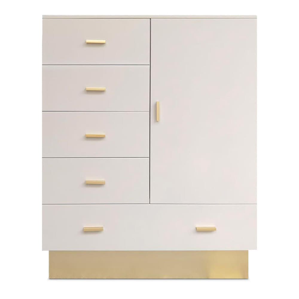 Buffet haut moderne 5 tiroirs et 1 porte taupe clair et or