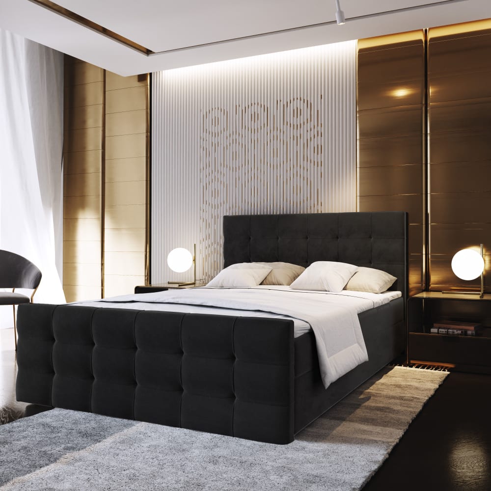 Boxspringbett 140x200 cm mit Matratze und Topper - Schwarz -