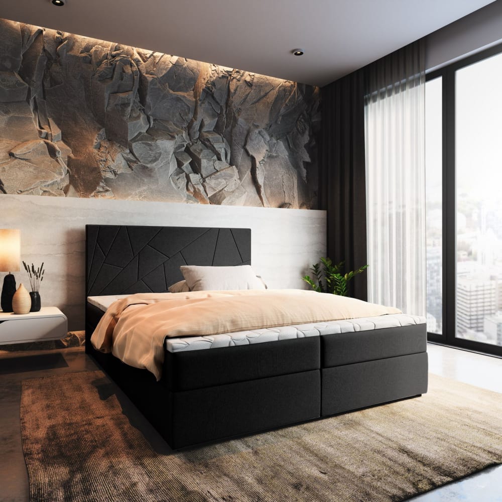 Boxspringbett 140x200 cm mit Matratze und Topper - Schwarz -